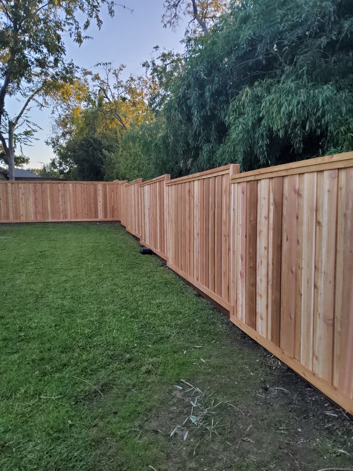 Cedar privacy fence with overlapping boards and a top cap, running along a mowed back lawn