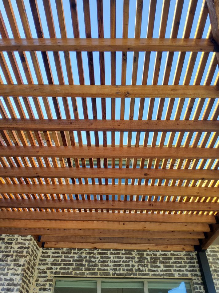 The underside of a cedar slat pergola, afternoon light coming through the slats